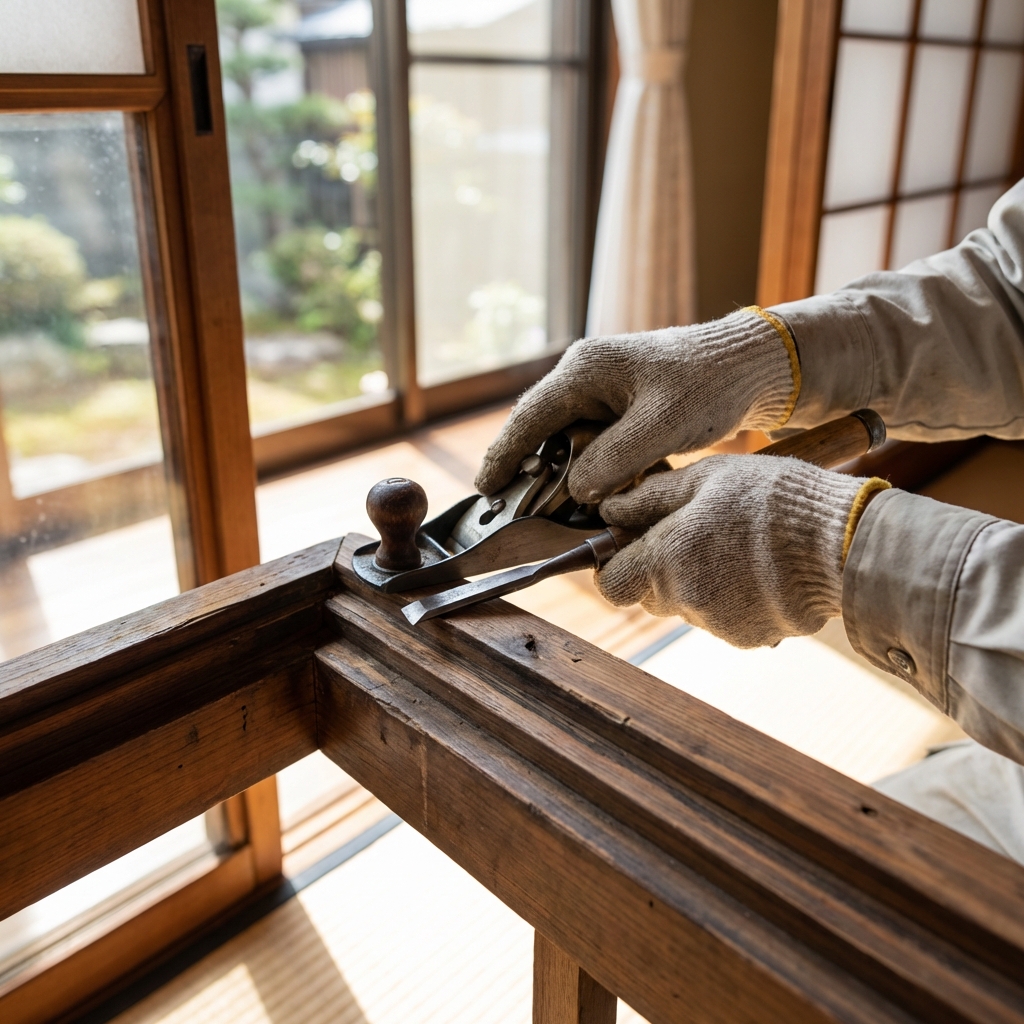 ガラス修理の様子